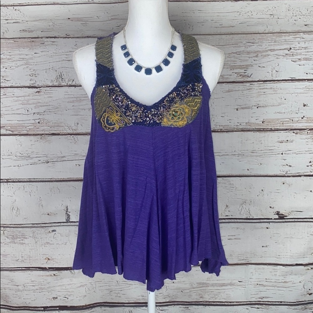 Free People Purple Sequin Shark Bite Hem Tank S
